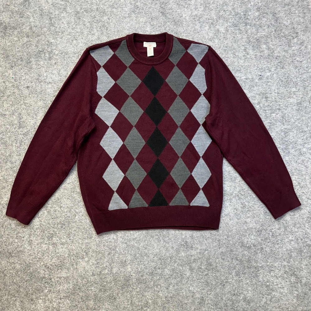 Dockers Argyle Sweater Mens Large Burgundy Grey Crew Neck Acrylic Knit Pullover